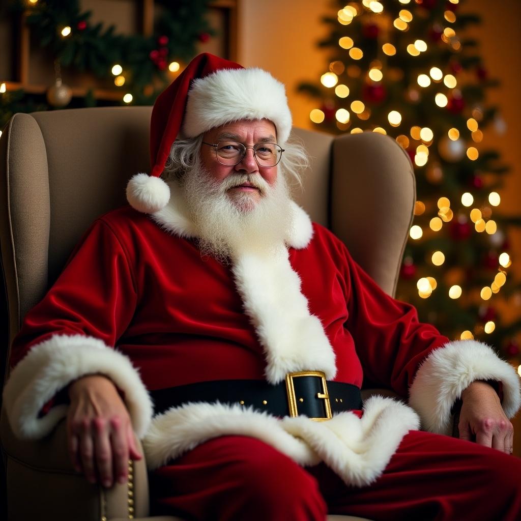 Santa Claus in a plush chair. Wears red suit with white trim. Surrounded by Christmas decorations and warm ambiance. Twinkling lights in the background.