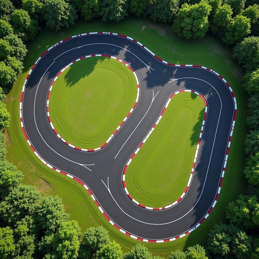 Top-down view of a racing track designed like a professional circuit. Surrounding green grass and dense trees highlight nature and sport. Layout and contours of the road visible, showcasing circuit intricacies. Natural daylight enhances grass and asphalt colors. Perspective emphasizes overall design for racing enthusiasts.