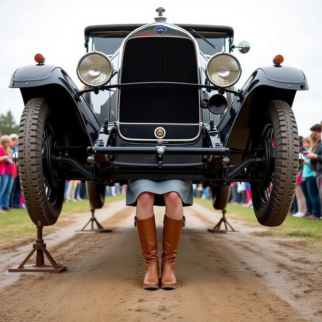 1928 car chassis suspended above ground. Woman hiding torso under the frame. Only legs visible protruding right side. Thighs parallel to the ground. Calves bent at 45 degrees. Soles flat on dirt. Camera at wheel-hub height. Only tires and legs shown. Woman wearing practical skirt and leather work boots. Ground shows oil stains and gravel texture.