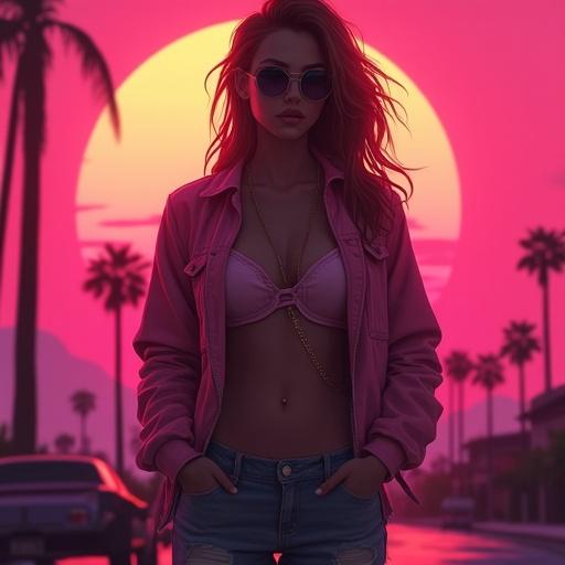 GTA sunset with a woman in an open jacket and sunglasses. Retro Synthwave style for an album cover. Text says: The Digital.