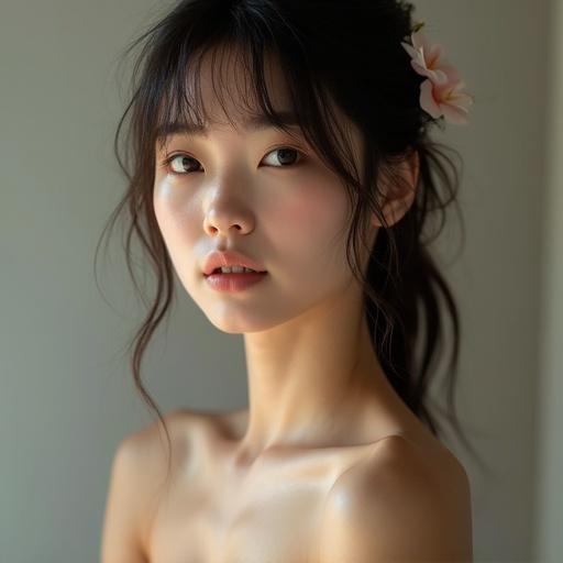 Close-up portrait of a young Japanese woman with soft features. Hair styled with a flower accessory and gentle expression. Natural lighting enhances the beauty and serenity.