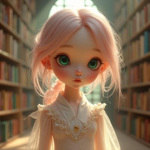 A breathtakingly adorable android girl stands surrounded by books in a warm and fantastical library. Her translucent skin and large emerald eyes resemble those of a real human. She has pale pink hair with delicate strands and subtle flyaways. The scene captures a magical atmosphere with warm light streaming through arched windows, emphasizing her realistic proportions and delicate features.