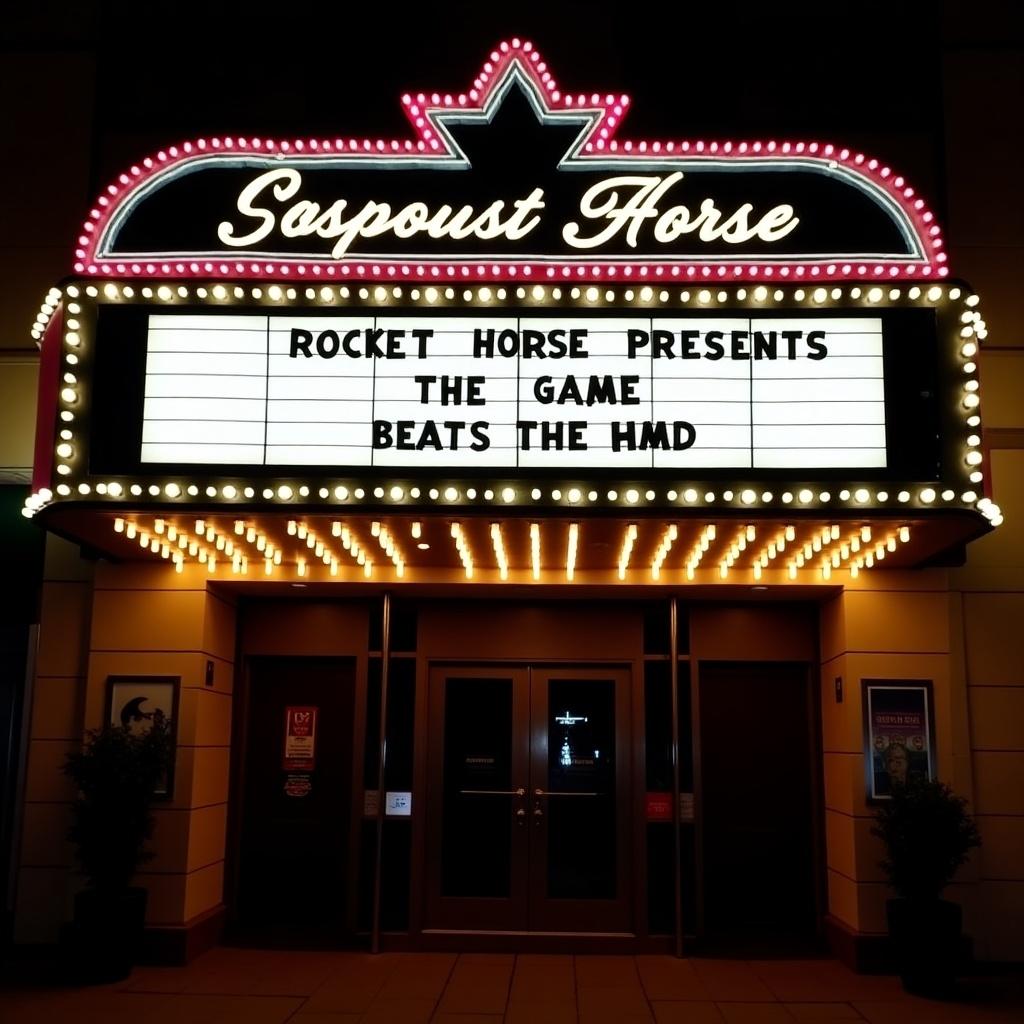 The image shows a classic movie marquee sign. It is illuminated in bright colors. It displays Rocket Horse presents The Game. The name of the establishment is written in cursive. The facade is well-lit. The atmosphere is warm and welcoming. This theater serves as a community hub for entertainment.