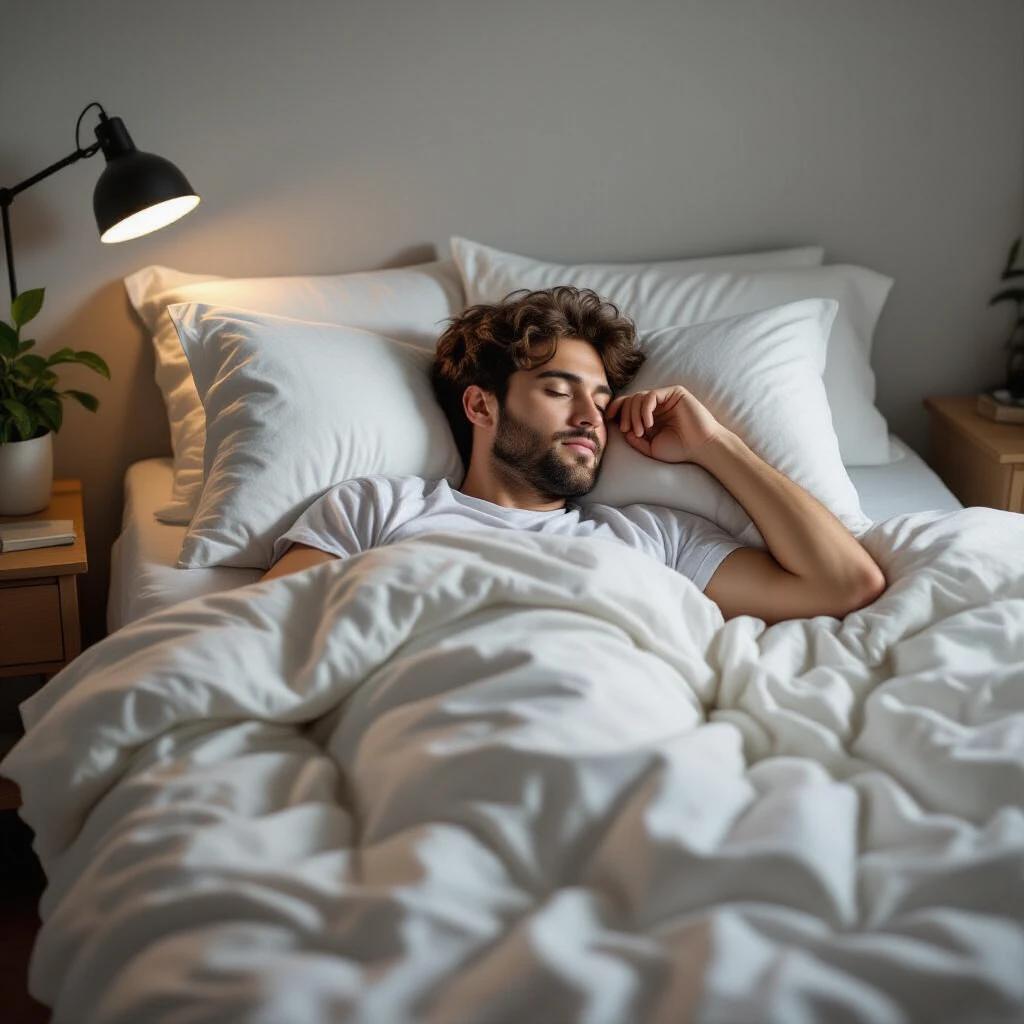 Create an image of a man lying peacefully on his side covered with blankets in a softly lit bedroom setting. The perspective is a top view of the bed where the individual is relaxing under white bedding.
