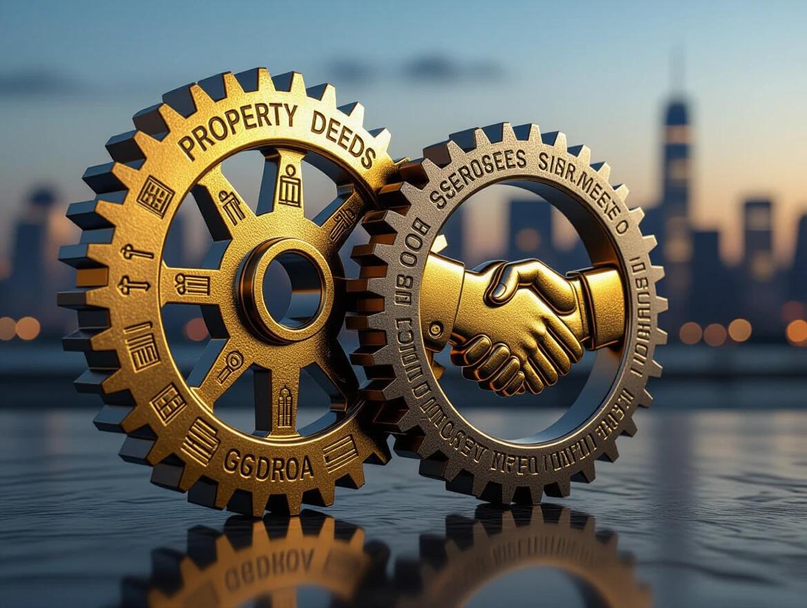 Photorealistic depiction of intricate metal gears locking together. One gear shows property deeds and keys while the other displays a handshake and signature. Background features a modern city skyline at dusk with a blurred effect. Represents precise contract performance under Section 10. Style is sharp and metallic.