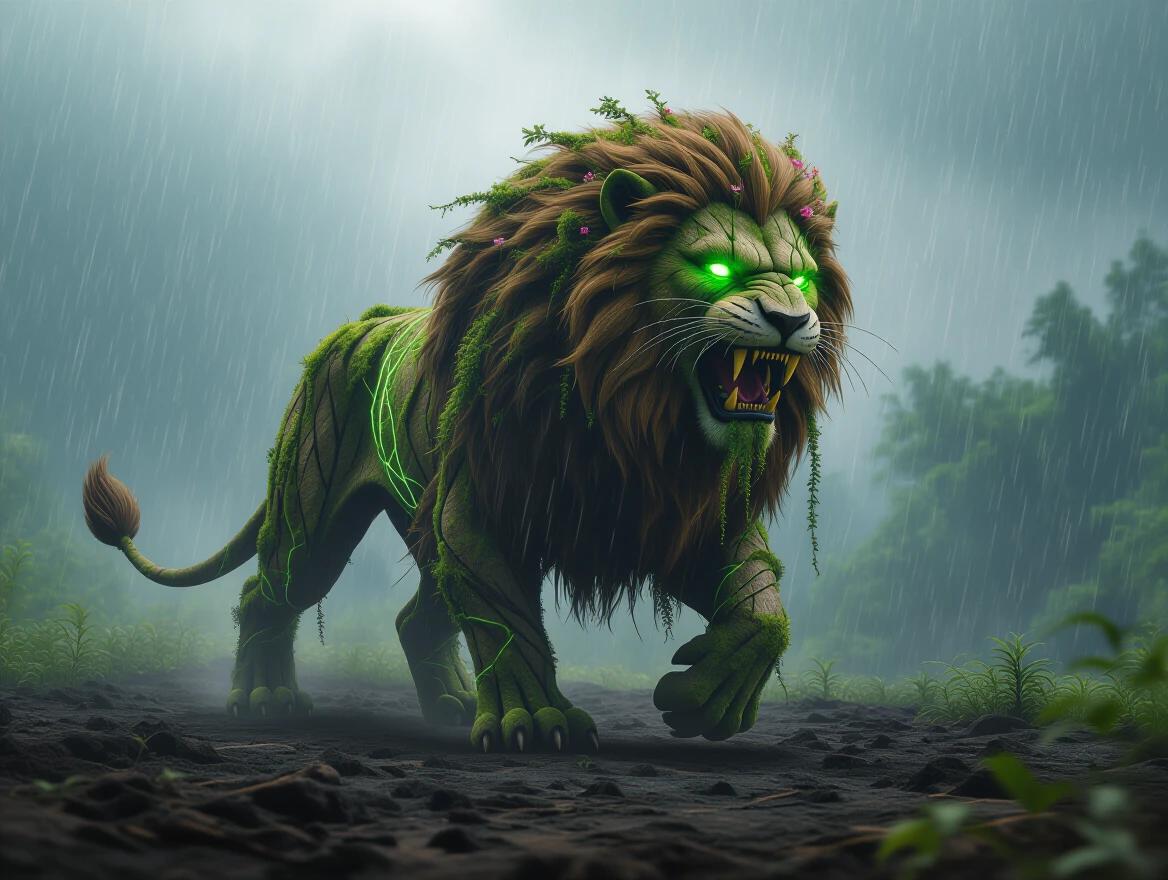 An ancient forest beast with a lion body covered in bark. Moss drapes its limbs. Green glowing veins and eyes. Mouth open revealing vines and flowers. Walking on scorched earth. Rain falls from a stormy sky. Lush greenery appears in its footsteps. Creates a cinematic atmosphere with stylized realism. Textures are photo-realistic with dramatic lighting and shallow depth of field. Represents a masterpiece of dark fantasy.
