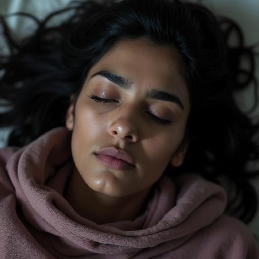 A close-up portrait of a woman with dark brown eyes and black hair. She has full lips and thick eyebrows. The image features a soft, diffused lighting. The woman has a serious expression, eyes closed, and face relaxed.