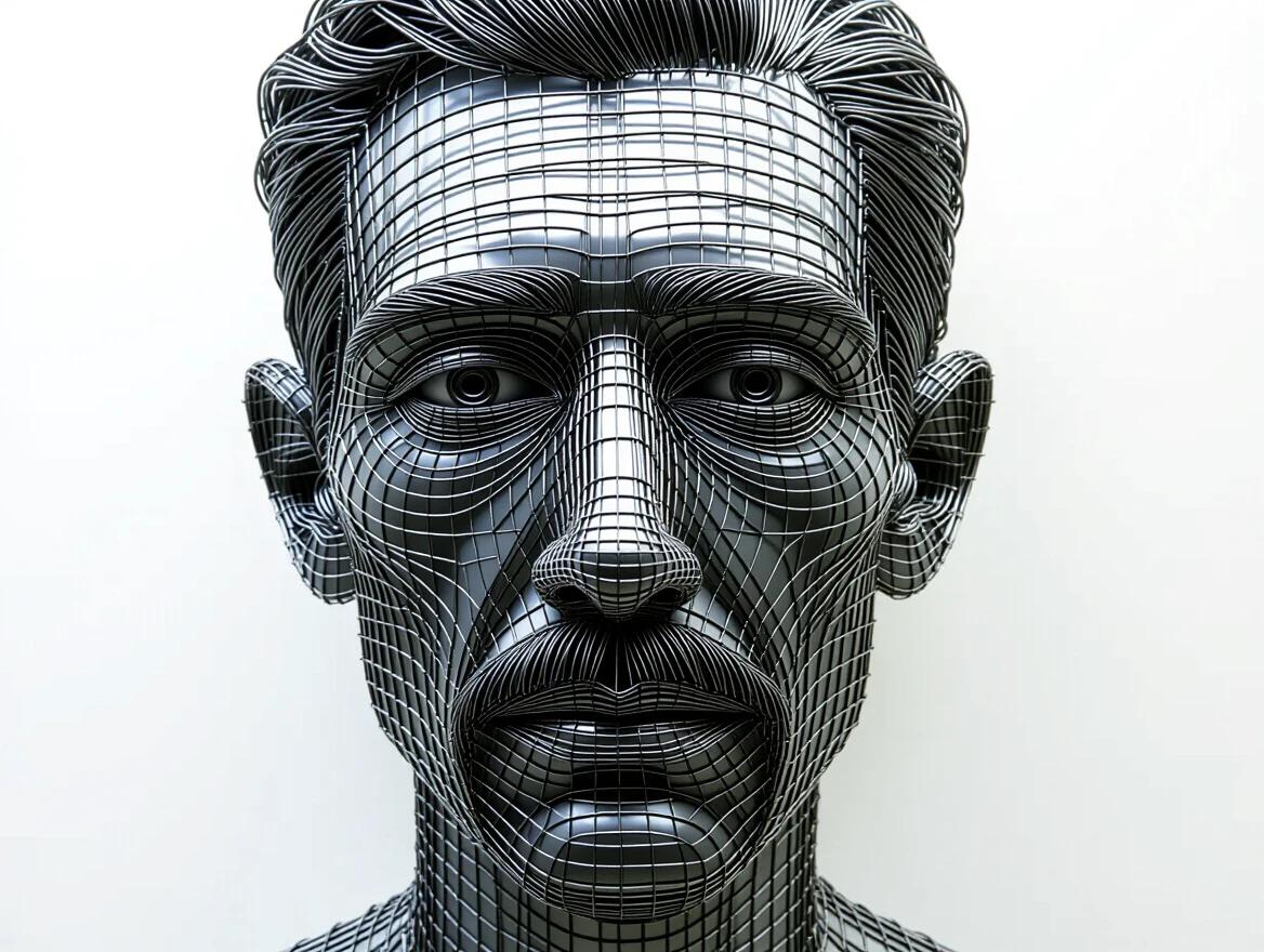 Photorealistic portrait created from thousands of twisted thin steel wire strands. Expressions defined by wire direction and density. Eyes shaped by negative space and shadows. Side lighting enhances texture. Combines Chuck Close grid technique and Giacometti wire artistry. A contemporary sculpture emphasizing human emotion. Trending in art communities.