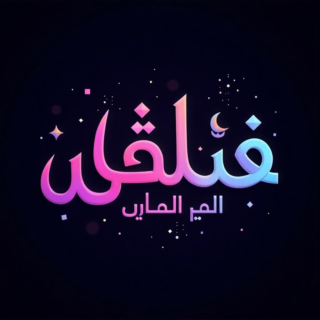 Vibrant Arabic text design with a dark background. Gradient colors transitioning from purple to pink and blue. Artistic drawing of letters showcasing Arabic calligraphy. Modern touch combined with traditional art forms. Suitable for cultural events or artistic showcases.