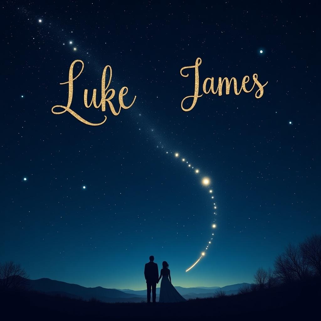 The image depicts a romantic scene of a couple standing together in a serene landscape under a starry night sky. Shooting stars are elegantly tracing a path across the heavens, creating a magical atmosphere. The names 'Luke' and 'James' are artistically styled above the couple, enhancing the personal touch. The couple, dressed in formal attire, is silhouetted against the backdrop of shimmering stars. The overall mood evokes feelings of love, wonder, and serenity.