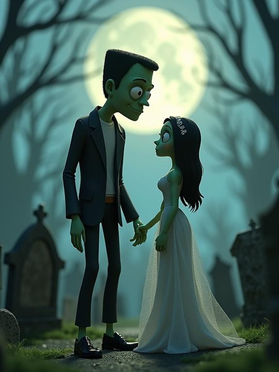 3D representation of a whimsical Frankenstein monster and Bride in a misty graveyard. Oversized expressive eyes and transparent clothing. Moonlit background with crooked headstones. Blends nostalgic charm with intricate details.