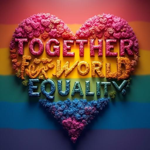 Movie poster features rainbow letters spelling 'TOGETHER FOR WORLD EQUALITY'. Heart shapes incorporated in the design. Background includes trans flag and pride flag. Photography style is hyper-realistic.
