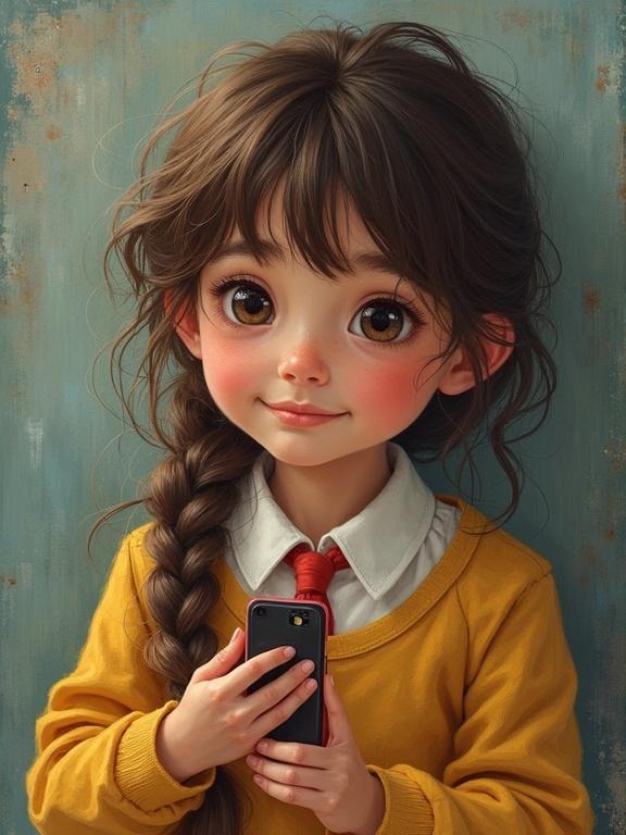 Girl with long hair wearing a yellow sweater holding a smartphone. The background is textured with a subdued blue wall. She has an engaging expression and embodies youthful charm. The image focuses on modern social interactions and humor.