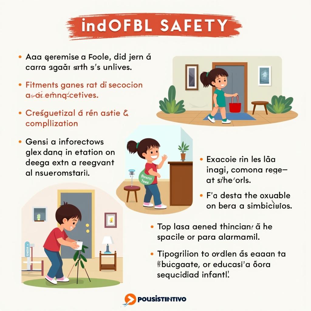 Illustrated educational poster about home safety for preschoolers showing nine panels each depicting a common risk. Each panel is colorful and child-friendly, containing visual cues for safety without using text. The design is organized in a grid with a warm inviting atmosphere.