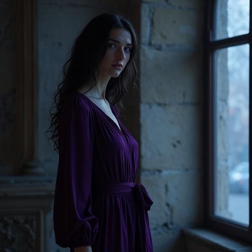 A woman stands elegantly near a tall arched window. She wears a flowing dark violet dress with a cinched waist. Long dark hair slightly tousled. Soft moonlight casts shadows and highlights. Room features old stone walls. The scene looks mysterious and captivating.