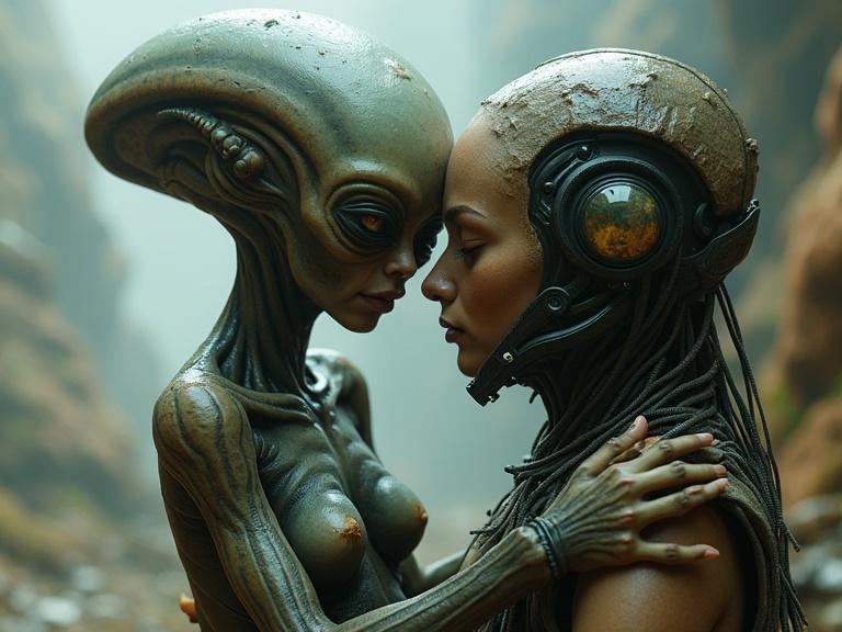 A close-up portrait of a deep embrace between an alien humanoid and a human cyberpunk figure. The alien has a unique, tactile skin texture, large eyes, and an elegant form. The human wears detailed futuristic armor, showing weariness and emotion. The background features an alien landscape with strange structures and flora, lit softly to create a melancholic mood. The art style is photorealistic, focusing on organic details and textures.