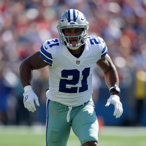 An excited football player representing the Dallas Cowboys during a game. The player showcases vibrant team colors and displays focus and determination. The background includes enthusiastic fans, enhancing the game day atmosphere. The image captures the exhilarating spirit of NFL football.
