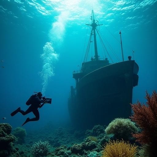 Photorealistic underwater scene featuring light rays penetrating through water. Scene includes a diver swimming with a camera rig taking video of a shipwreck. Shipwreck is overgrown with coral and surrounded by colorful fish. Foreground populated with vibrant marine life and floating particles in the water.