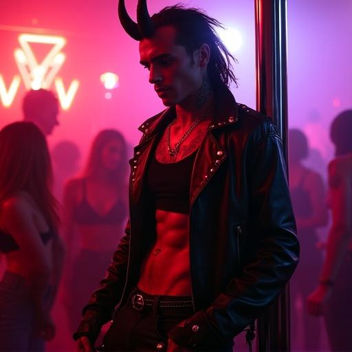 A modelesque incubus leans against a pole in a nightclub. He exudes raw energy and temptation. Black eyes and fangs hint at his nature. Crimson skin glistens with sweat under neon lights. Tattoos snake across his body. He wears ripped jeans and a sleeveless leather jacket. His mullet and impala horns add to his look. He has oversized combat boots. A prominent bulge suggests allure. His tail sways with the music as he captivates the crowd.
