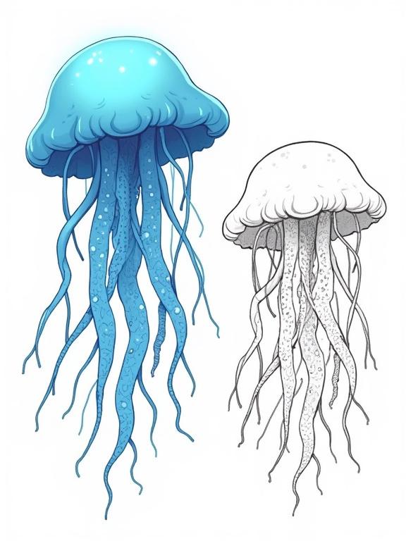 A full color bioluminescent jellyfish is on the left. Intricate tentacles are seen. Black-and-white line art version is on the right. Cute children's book style is used. White background emphasizes the jellyfish.