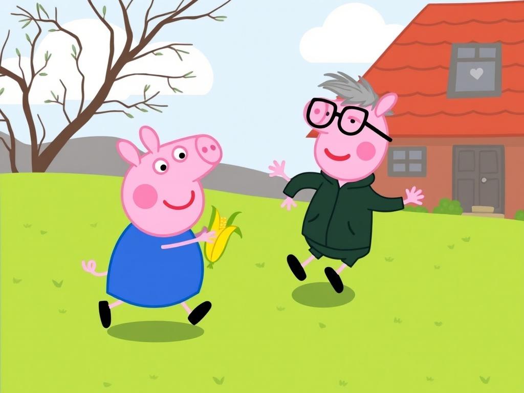 This lively illustration features two anthropomorphic cartoon pigs enjoying a playful moment outside. The pigs, one holding an ear of corn, are depicted with bright pink skin and friendly smiles as they skip merrily. The background showcases a simple, child-like depiction of a house and a leafless tree under a clear sky, suggesting a setting in a rural area or a backyard. The image conveys a sense of innocence, joy, and camaraderie.