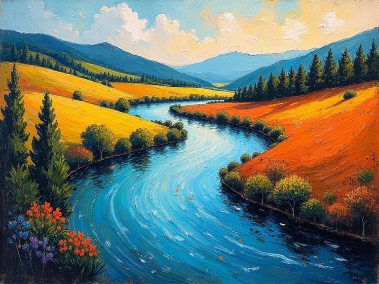 Vibrant river flows through rolling hills with colors inspired by Vlaminck. Dynamic Fauvism style. Oil on linen featuring aggressive brushstrokes.