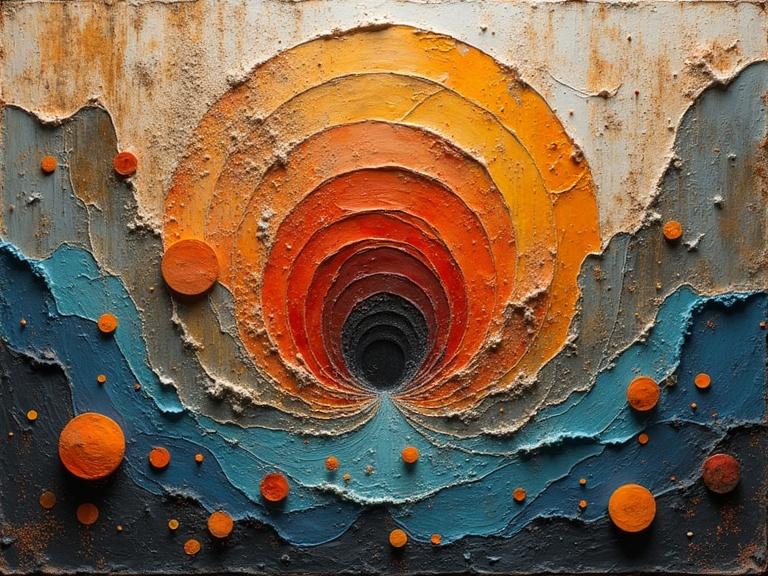 Abstract composition featuring multi-layered spiral in earthy tones. Created with mixed media techniques. Incorporates textured materials like wood and sand. Luminous colors enhance depth. Evocative design with a 3D appearance.