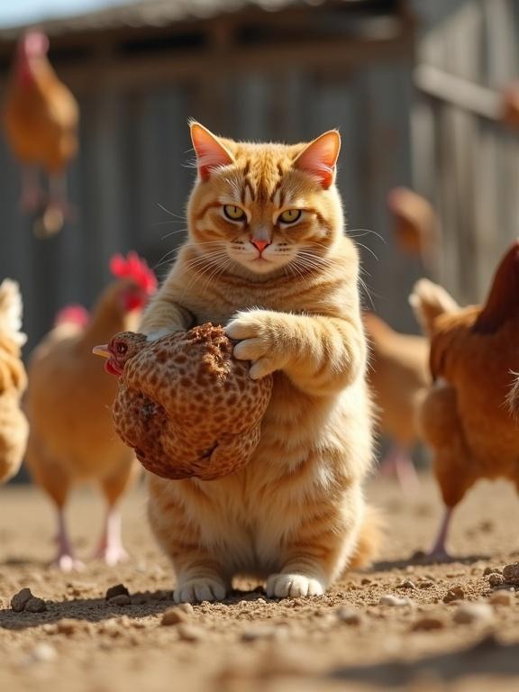 Action shot featuring an exaggeratedly chubby orange tabby cat in a dusty farmyard. Cat holds a hen in its paws, with several chickens flapping around. Background includes rustic wooden shed. Dynamic and chaotic atmosphere.