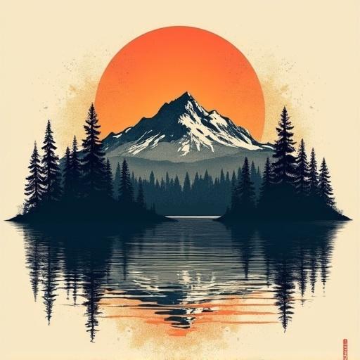 Abstract mountain forest landscape design featuring a vibrant sunset and a calm lake with reflection. Vintage geometric pattern with trees and mountains.