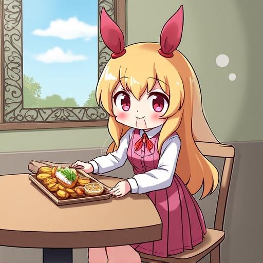 Kiritan in a cute anime style. Character enjoys a plate of food in a pleasant setting.