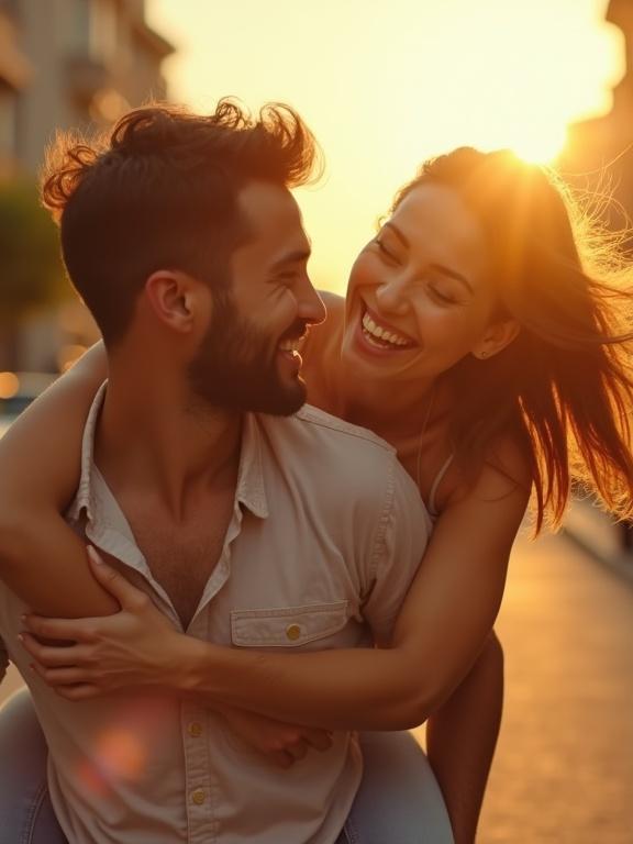 Cinematic shot of happy couple in golden sunlight. Woman rides on man's back. Wind moves her hair. Camera dollies in on their faces. Lens flares and soft tones create dreamlike feeling. Close-up as man turns toward her. She smiles wider. Breeze lifts hair across his cheek. Camera orbits around them gradually.