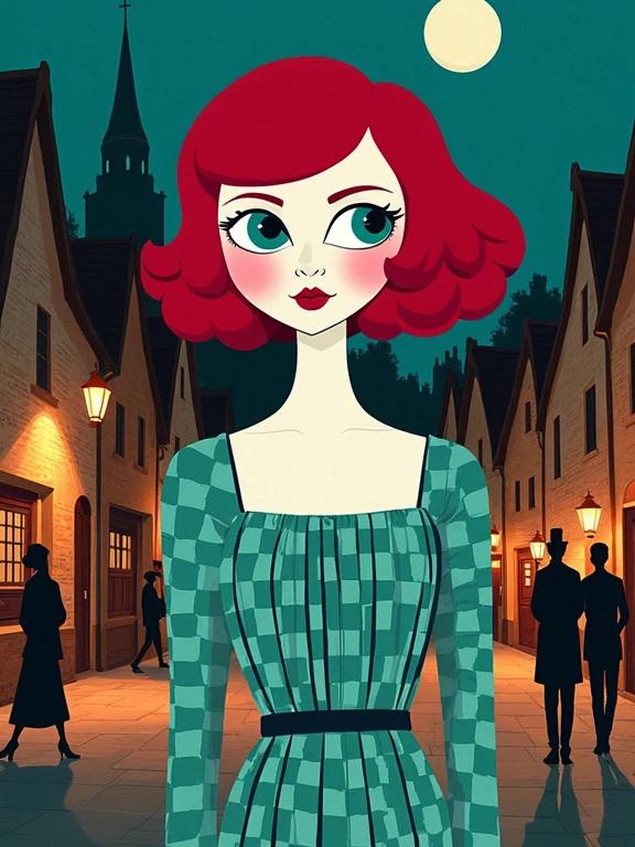 Silhouette with vibrant burgundy hair. Glossy white skin and large turquoise eyes. Checkered emerald dress with pleats. Vintage lighting illuminates a village street. Cubist townspeople in background. Ultra-detailed art piece.