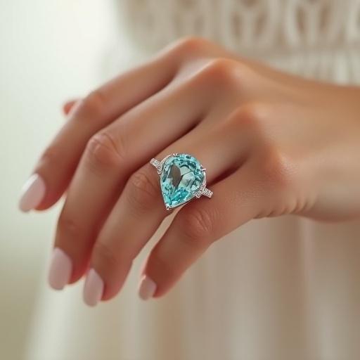 Photorealistic image of a beautiful female hand showing a pear-cut aquamarine ring set in 18k white gold. Aquamarine has perfect teal-blue color and water-like clarity. Hand is at a 45-degree angle with soft studio lighting adding reflections. Background has a soft blurred gradient of ivory and champagne. The image has Vogue jewelry editorial quality with ultra sharp focus, shallow depth of field, and a luxurious aesthetic. There is a subtle lens flare emphasizing the stone's brilliance.