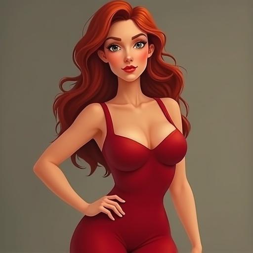 It depicts a woman with natural red hair and brown eyes. She has medium-sized breasts and large thighs. She wears a red dress and has a pert nose.