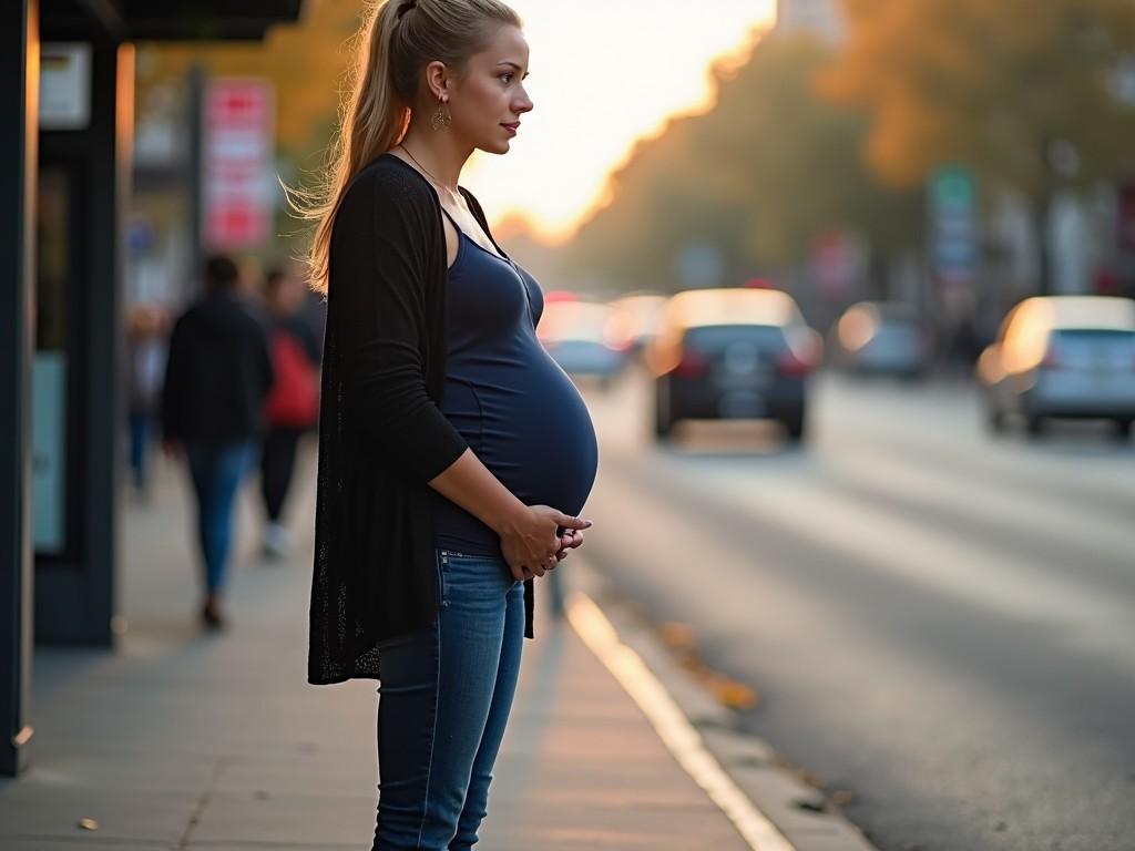 A pregnant woman standing on a city sidewalk, gazing thoughtfully into a shop window. The street is bustling with people and cars, and the setting sun casts a warm, golden light.