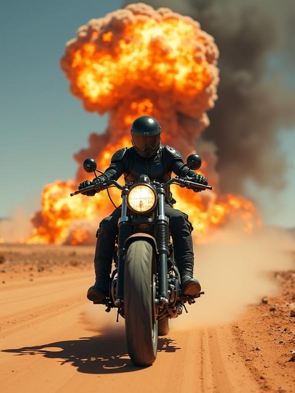 A lone biker speeds through a desert on a motorcycle. A massive explosion erupts behind him. Flames and smoke fill the sky. The biker rides confidently toward the viewer. Dust and sand trail behind. The scene evokes adrenaline and chaos.