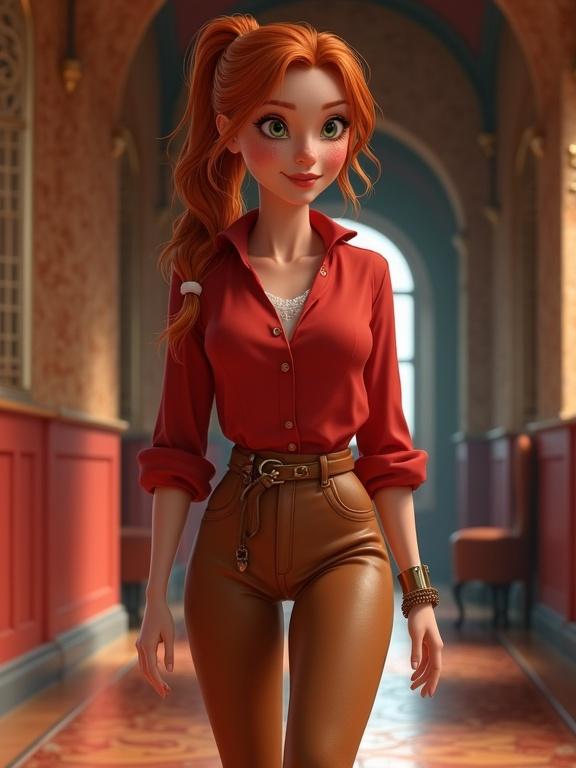 Disney parody 3d illustration of a ginger thief in a red blouse and tan leather trousers walking in a mansion corridor. The character features freckles, wavy hair in a ponytail, and a fairytale atmosphere with detailed background.