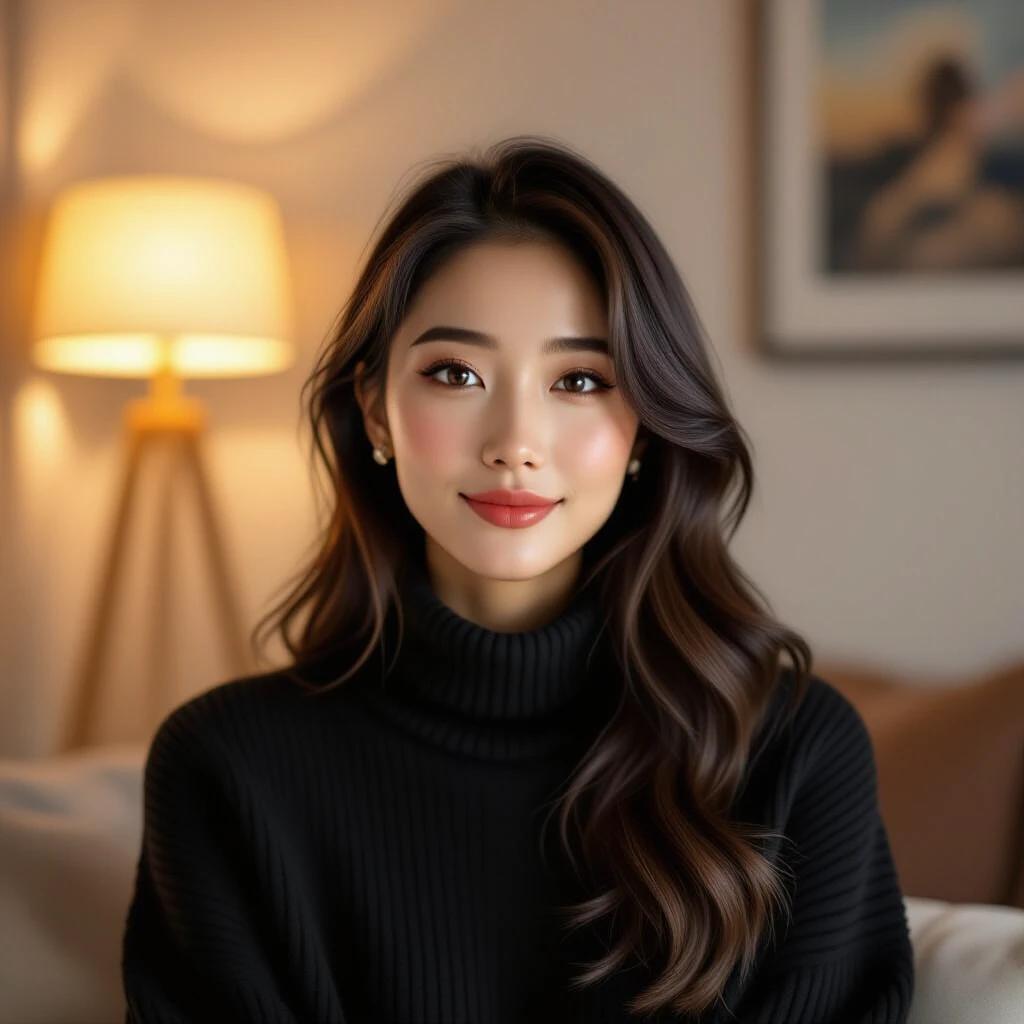 A generated photo depicting a warm and soft atmosphere. In the background, a lamp emits a soft warm light, illuminating part of the room, creating a cozy and relaxed feeling. In the foreground, a young woman poses elegantly, her black sweater contrasting with the warm tones of the background, making her the focal point. The overall tone is warm, evoking a sense of comfort and warmth.