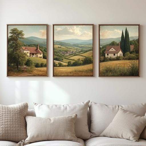 Vintage European oil painting triptych featuring rustic farmhouse landscapes. Each panel depicts rolling hills and quaint village cottages. Antique look with weathered appearance. Soft earthy tones include muted greens, warm browns, faded blues. Visible brushstrokes mimic traditional techniques. Displays serene mood, perfect for decor in French country style. Presented in digital mockup on neutral wall with subtle lighting.