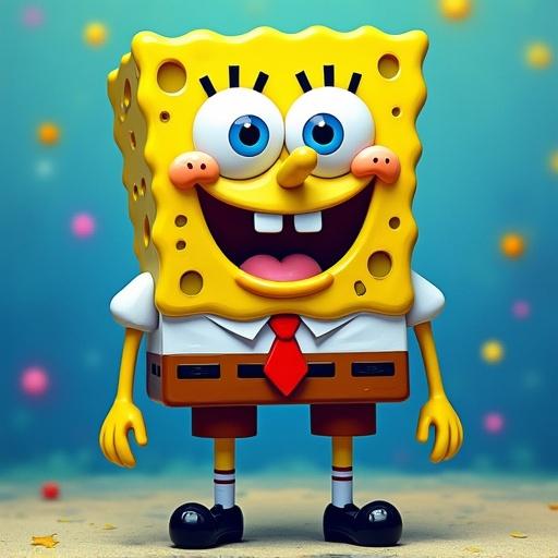 SpongeBob SquarePants full-body paint representation. Bright colors with a joyful expression. Surrounded by colorful confetti.