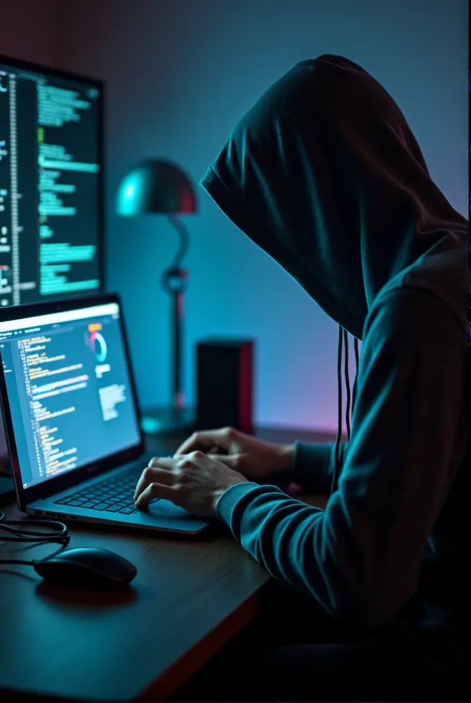 A person in a hoodie is typing on a laptop with code on the screen, in a dimly lit room.