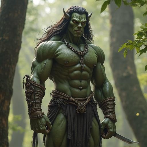 Tall muscular female Orc stands confidently in a forest. Hair long and dark. Wearing armor and jewelry.