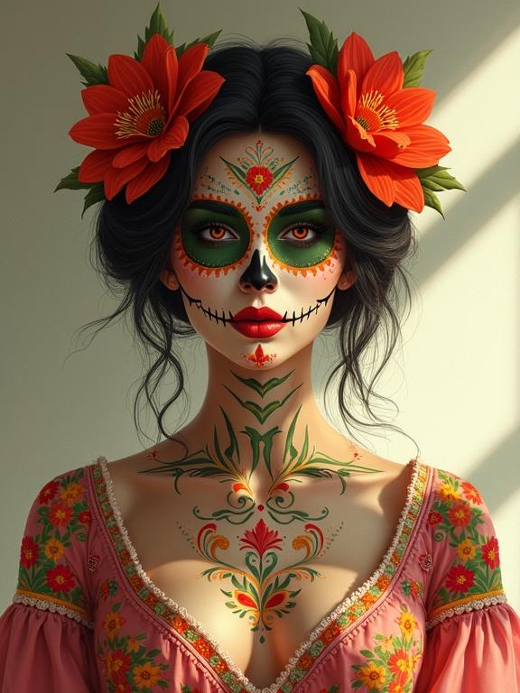 Minimalistic background features soft natural lighting. Woman wears a traditional blouse adorned with floral embroidery. Her dark hair is styled with traditional flowers. Floral patterns embellish her torso, with green and red accents present. The illustration captures the essence of Día de Muertos celebrations.