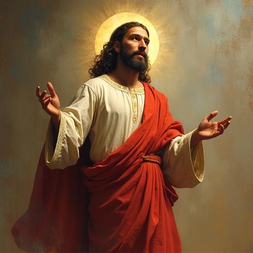 Depiction of the ascended Jesus with raised arms. Jesus wears a red robe and a white tunic. Golden halo surrounds his head. Soft light highlights facial features.