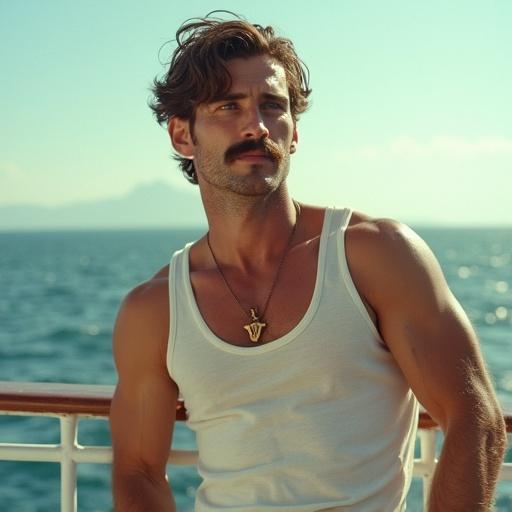 Image of a handsome Italian man about 30 years old with a moustache. He has medium-length wavy hair swept back in the wind. Dressed in mid-thigh khaki shorts and a white tank top. Muscular, tanned, and hairy, leaning against the railing on a ferry. The scene shows the blue Ionian Sea behind him in the 1950s style with strong afternoon sunlight. He has a prominent Roman nose, strong jawline, and blue eyes. The style simulates 1990s analog film aesthetics with film grain.