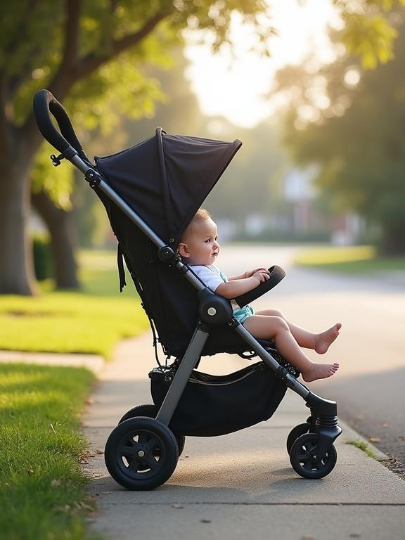 Baby sits in stroller on sidewalk. Front panel open showing legs and feet. Stroller lacks safety features. Positioned outdoors near a quiet street. Surrounded by trees and grass in soft sunlight. Baby appears calm but unaware of risks.