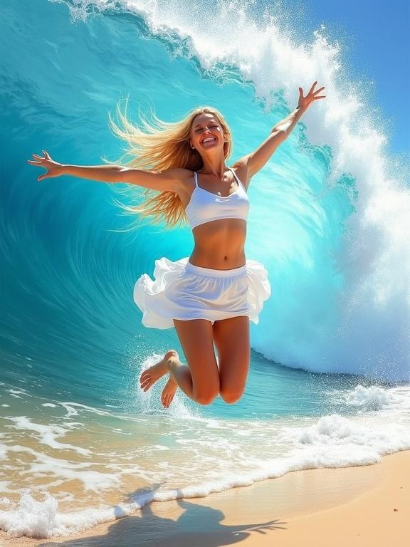 A beautiful woman with long blonde hair jumps joyfully beside a large curling blue wave. She wears a white crop top and a white skirt. The sandy beach and vibrant ocean setting create a lively atmosphere.