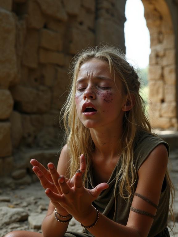 Close-up of a young blonde girl with bruises and dirt on her face. She has shiny sweaty skin. Hands raised and eyes closed. Seated on stone in ruined temple with light from broken window. Proud of survival despite challenges. Ancient cracked stone walls surround her.