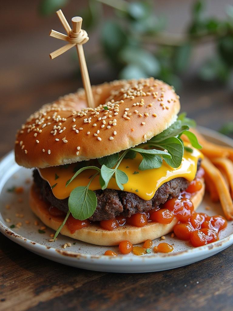 A cheeseburger on a plate. The burger has cheese melting on top leafy greens and ketchup. It has a sesame seed bun and a wooden pick holding it together. A side of sweet potato fries is beside it. The background is rustic and slightly blurred.