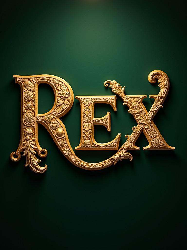 Richly embellished golden letters spelling 'REX' with intricate designs. Dark green background.